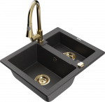 Granitinė virtuvinė plautuvė Mexen Carlos su mai&scaron;ytuvu ir sifonu, Juodas granite+Gold