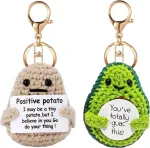 Ticklely bulvės ir avokado raktų pakabukų rinkinys, juokinga megzta bulvė su raktų žiedu, mini pliu&scaron;inės figūrėlės, dovana draugui, su pozityvių žinučių kortelėmis, 2 vnt., juodas