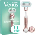 Gillette Venus Pro Smooth Sensitive moteri&scaron;kas skustuvas jautriai odai, 1 keičiama galvutė, patvari metalinė rankena ir laikiklis du&scaron;e