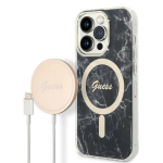 Apple iPhone 14 PRO Guess dėklas Marble MagSafe + Belaidis Įkroviklis (GUBPP13LH4EACSP) juodos spalvos