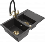 Granitinė virtuvinė plautuvė Mexen Gaspar su mai&scaron;ytuvu ir sifonu, Juodas granite+Juodas/Gold