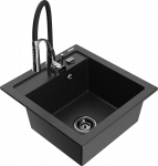 Granitinė virtuvinė plautuvė Mexen Vito su mai&scaron;ytuvu ir sifonu, Metallic juodas/sidabrinis+Juodas/Chrome