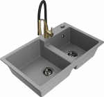 Granitinė virtuvinė plautuvė Mexen Tomas su mai&scaron;ytuvu ir sifonu, Pilkas+Juodas/Gold