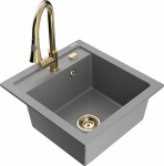 Granitinė virtuvinė plautuvė Mexen Vito su mai&scaron;ytuvu ir sifonu, Pilkas+Gold