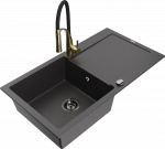 Granitinė virtuvinė plautuvė Mexen Leo su mai&scaron;ytuvu ir sifonu, Juodas granite+Juodas/Gold