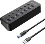 Premiumcord Superspeed Usb &scaron;akotuvas, 7x Usb Type A, Usb 3.2 Gen 1 5gbps, prievadų jungiklis, Hot-lug, Led, juodas, kabelio ilgis 1 m