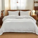Patalynės komplektas Simple&opulence 100% akmens skalbto lino 3 dalių baltos, pilkos ir violetinės spalvos lino vientisas siuvinėtas antklodės užvalkalų komplektas (super King, Baltas)
