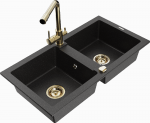 Granitinė virtuvinė plautuvė Mexen Mario su mai&scaron;ytuvu ir sifonu, Metallic juodas/sidabrinis+Gold