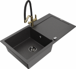 Granitinė virtuvinė plautuvė Mexen Leo su mai&scaron;ytuvu ir sifonu, Juodas granite+Juodas/Gold