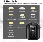 Garų puodas Midea elektrinis greitpuodis 6l, 9-in-1 daugiafunkcis puodas su 14 funkcijų, jogurto gaminimo aparatas, ryžių puodas, lėtas virimo puodas, sous vide, garintuvas, makaronų virimo puodas, nerūdijančio plieno vidinis puodas, juodas