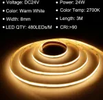 Ttway Cob led juosta 3 m, 2700 K &scaron;iltai balta led juosta su maitinimo &scaron;altiniu ir nuotolinio valdymo pulteliu, Dc24 V, 480 led/m, Cri 90+, 8 mm pločio, pritemdomos &scaron;viesos juostos miegamojo dekoravimui