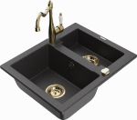 Granitinė virtuvinė plautuvė Mexen Carlos su mai&scaron;ytuvu ir sifonu, Juodas granite+Gold