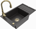 Granitinė virtuvinė plautuvė Mexen Elias su mai&scaron;ytuvu ir sifonu, Juodas granite+Gold