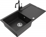 Granitinė virtuvinė plautuvė Mexen Leo su mai&scaron;ytuvu ir sifonu, Metallic juodas/sidabrinis+Juodas