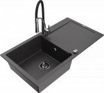Granitinė virtuvinė plautuvė Mexen Leo su mai&scaron;ytuvu ir sifonu, Juodas granite+Juodas/Chrome