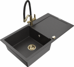 Granitinė virtuvinė plautuvė Mexen Leo su mai&scaron;ytuvu ir sifonu, Juodas granite+Juodas/Gold
