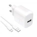 Puro PROLITE 10W USB-A sieninis įkroviklis + USB-A - USB-C kabelis 1.2m - baltos spalvos