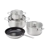 KitchenAid - Nerūdijančio plieno indų rinkinys: puodas su dangčiu (16 cm, 20 cm, 24 cm) + keptuvė (24 cm) - sidabro spalvos