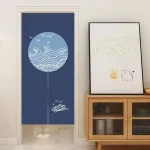 Ligicky japoni&scaron;ko stiliaus ilga noren užuolaida, stora durų užuolaida, kambario pertvara, gobelenas namų tekstilei, 85 x 180 cm, mėlyna, apskritimas, bangos ir jūros pauk&scaron;čiai
