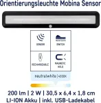 M&uuml;ller-licht Mobina Sensor 30 led &scaron;viestuvas su baterija, orientacinis &scaron;viestuvas, naktinė lemputė, 30 cm ilgio, neutrali balta &scaron;viesa 4000 K, 2 W, įkraunamas usb, lipnus, juodas