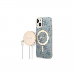 Apple iPhone 14 Guess dėklas 4G Print MagSafe + Belaidis Įkroviklis (GUBPP14XHJEACSA) mėlynos spalvos