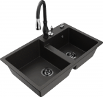 Gold Granitinė virtuvinė plautuvė Mexen Tomas su mai&scaron;ytuvu ir sifonu, Metallic juodas/auksinis+Juodas