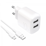 Puro PROLITE 10W 2x USB-A sieninis įkroviklis + USB-A - USB-C kabelis 1.2m - baltos spalvos