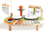 6 viename vaiki&scaron;kas būgnų rinkinys, medinis būgnų rinkinys, muzikinis staliukas su ksilofonu ir vėjo varpeliais, montessori mu&scaron;amųjų instrumentų žaislas kūdikiams nuo 1 metų, dovana, b