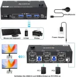 Kvm jungiklis 2 kompiuteriams 2 monitoriams 8k @ 60hz 4k @ 144hz, dvigubo monitoriaus hdmi 2.1 kvm jungiklis 2 kompiuterių dalims 2 monitoriams ir 4 usb 3.0 įrenginiams (3usb-a + usb-c), su 12 v dc maitinimo &scaron;altiniu + laidiniu nuotolinio valdymo pultu