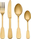 Mikasa Soho Gold 16 dalių nerūdijančio plieno stalo įrankių rinkinys, aukso spalvos stalo įrankių rinkinys 4 asmenims | įeina 4 x peiliai, 4 x &scaron;akutės, 4 x desertiniai &scaron;auk&scaron;tai ir 4 x arbatiniai &scaron;auk&scaron;teliai - galima plauti indaplovėje