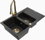 Granitinė virtuvinė plautuvė Mexen Gaspar su mai&scaron;ytuvu ir sifonu, Metallic juodas/sidabrinis+Gold
