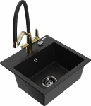 Granitinė virtuvinė plautuvė Mexen Milo su mai&scaron;ytuvu ir sifonu, Juodas+Juodas/Gold