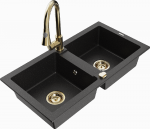 Granitinė virtuvinė plautuvė Mexen Mario su mai&scaron;ytuvu ir sifonu, Metallic juodas/sidabrinis+Gold
