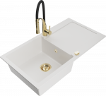 Granitinė virtuvinė plautuvė Mexen Leo su mai&scaron;ytuvu ir sifonu, Baltas+Juodas/Gold