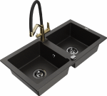 Granitinė virtuvinė plautuvė Mexen Mario su mai&scaron;ytuvu ir sifonu, Metallic juodas/auksinis+Juodas/Gold