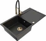 Granitinė virtuvinė plautuvė Mexen Leo su mai&scaron;ytuvu ir sifonu, Metallic juodas/auksinis+Juodas/Gold