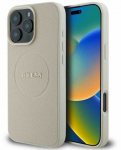 Dėklas Apple iPhone 16 Pro Max Guess kieto dėklo grūdėtas žiedas MagSafe smėlio spalvos