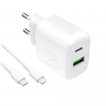 Puro PROLITE 25W USB-A / USB-C sieninis įkroviklis + USB-C - USB-C laidas 1,2 m - baltos spalvos