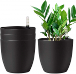 T4U dekoratyvinis plastikinis gėlių vazonas, 22 cm, su savilaistymo sistema, 4 vnt. rinkinys, juodas