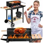 Anglies kepsninė su ratukais, reguliuojamu auk&scaron;čiu, ie&scaron;mu, juoda lauko BBQ grilius, &scaron;a&scaron;lykinė, kepimo grotelės