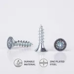 (150 vnt. pakuotė) galvanizuoto plieno 5,0 x 20 mm medvaržčiai, skirti medžio drožlių plok&scaron;tėms, universalūs pozi drive varžtai pz su pilnu sriegiu, įleidžiama galvutė (150, 5,0 x 20 mm)