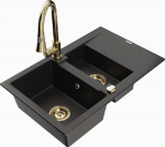 Granitinė virtuvinė plautuvė Mexen Gaspar su mai&scaron;ytuvu ir sifonu, Metallic juodas/auksinis+Gold