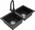 Granitinė virtuvinė plautuvė Mexen Mario su mai&scaron;ytuvu ir sifonu, Metallic juodas/sidabrinis+Juodas
