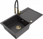 Granitinė virtuvinė plautuvė Mexen Leo su mai&scaron;ytuvu ir sifonu, Juodas granite+Juodas/Gold