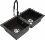 Gold Granitinė virtuvinė plautuvė Mexen Mario su mai&scaron;ytuvu ir sifonu, Metallic juodas/auksinis+Juodas/Chrome