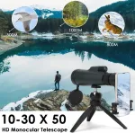 Žiūronai Optinis priartinimo monokuliarinis teleskopas 10-30 x 50, hd monokuliarinis teleskopas atsparus vandeniui su i&scaron;maniojo telefono laikikliu ir metaliniu trikoju fmc bak4 prizmė, skirtas stovyklavimui, pauk&scaron;čių stebėjimui, kelionėms