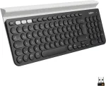 Logitech K780 belaidė klaviatūra, Bluetooth ir 2,4 Ghz jungtis, kelių įrenginių ir Easy-switch funkcija, integruotas laikiklis, Pc / Mac / plan&scaron;etinis kompiuteris / i&scaron;manusis telefonas, voki&scaron;kas Qwertz i&scaron;dėstymas - tamsiai pilka / balta