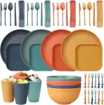 48 dalių nedūžtantis indų rinkinys, daugkartinio naudojimo stovyklavimui 4 asmenims, plastikiniai indai, piknikui, lengvas, spalvingas grilis, plastikinės serviravimo lėk&scaron;tės, dubenys, stalo įrankiai