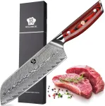 Wildmok Damaskinis Santoku peilis, 17,8 cm a&scaron;trus profesionalus peilis mėsai ir daržovėms, japoni&scaron;kas daugiafunkcis azijieti&scaron;kas peilis, pagamintas i&scaron; Super Vg10 plieno su pilnos apimties G10 rankena, Song serija
