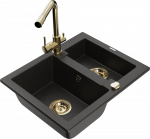 Granitinė virtuvinė plautuvė Mexen Carlos su mai&scaron;ytuvu ir sifonu, Metallic juodas/auksinis+Gold